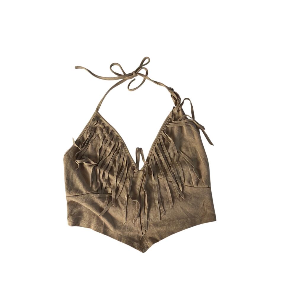 Windsor Tan Faux Suede Fringe Halter Top - Size Medium